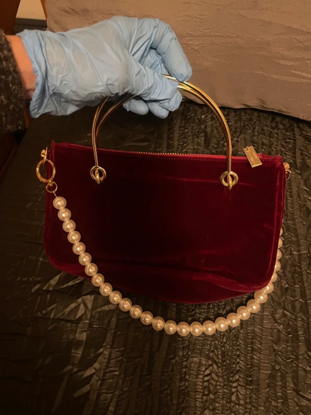 Gucci Burgundy Velvet Mini Bag with Pearl Handle and Bee Emblem - Picture 8 of 17
